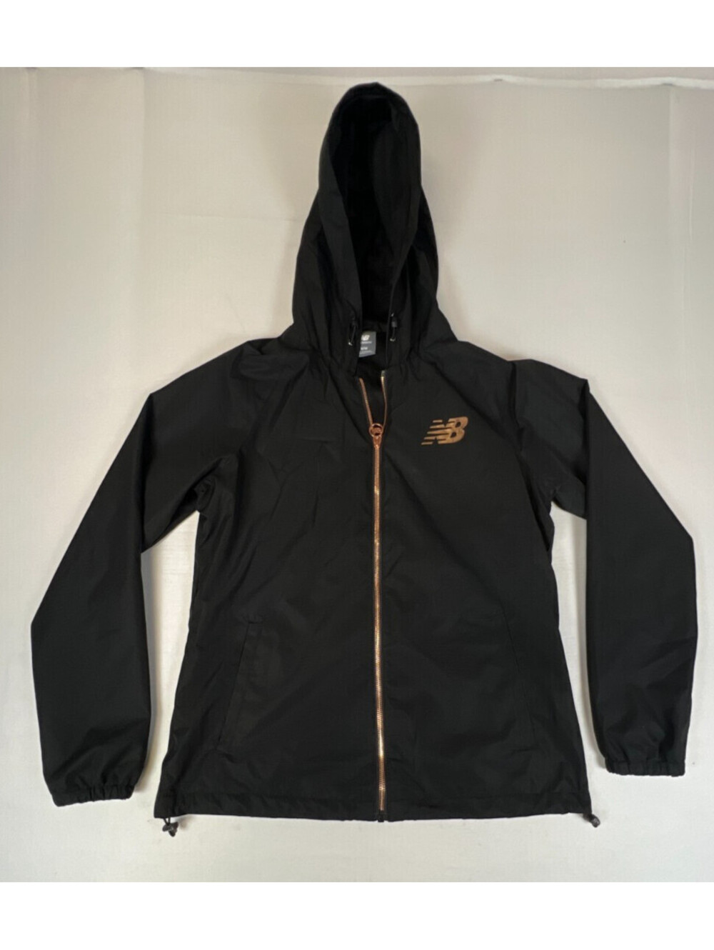 New Balance Womens M Black Full Zip Hooded Windbreaker Jacket Rose Gold Logo